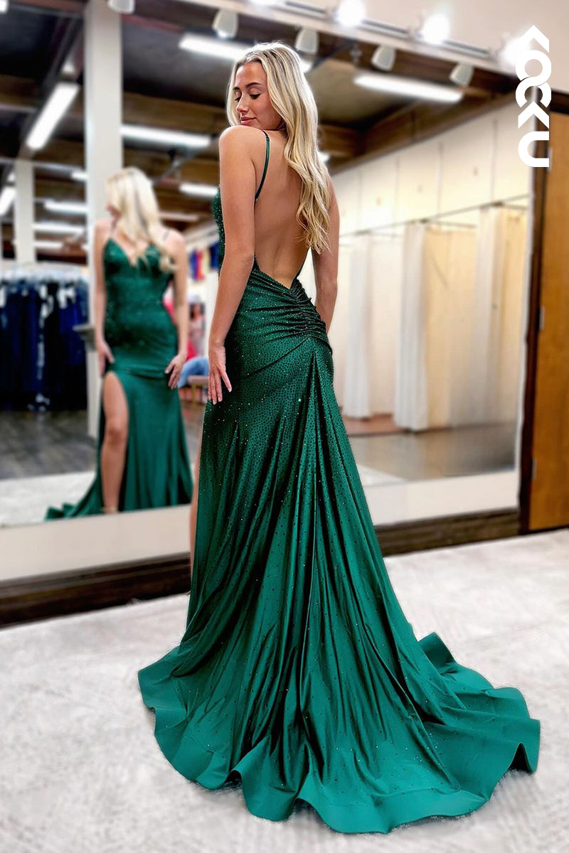 L2482 - Simple & Casual Spaghetti Straps V-Neck Mermaid Slit Evening Party Prom Dress