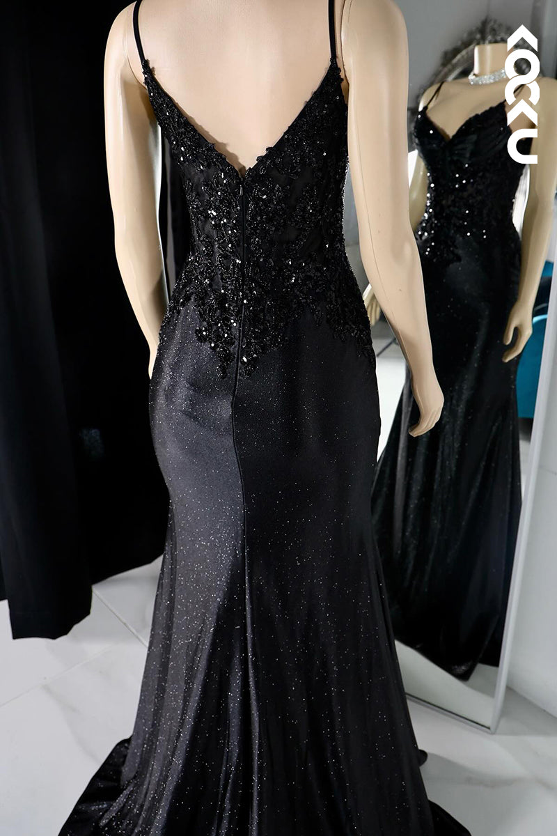 L2800 - Glamorous & Dramatic Spaghetti Straps V neck Mermaid Sequins Evening Party Prom Dress