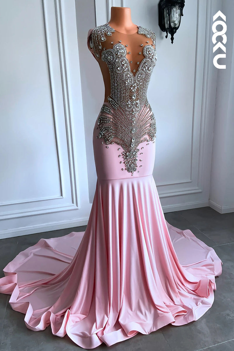 L2818 - Couture & Ornate Ruffles V-Neck Sleeveless Fully Rhinestones Prom Dress