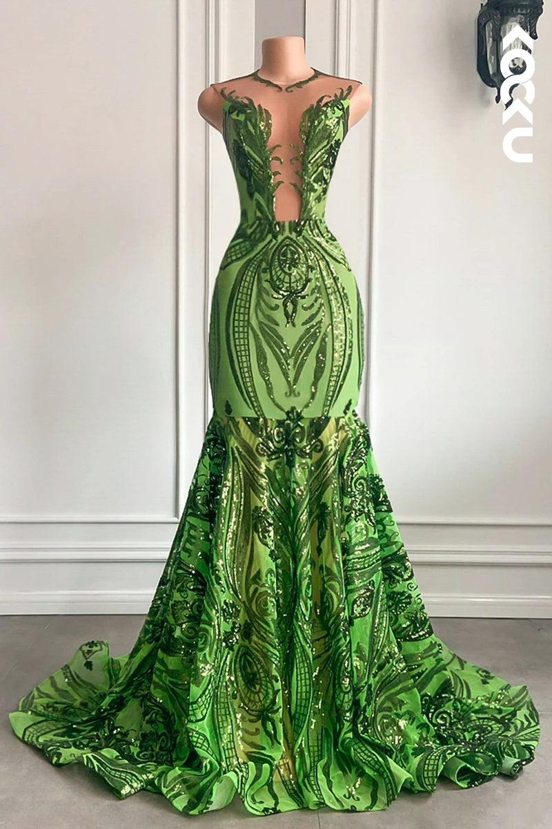 L2816 - Trumpet/Mermaid Sparkly Deep V-Neck Sleeveless Sequins Ruffles Prom Dress