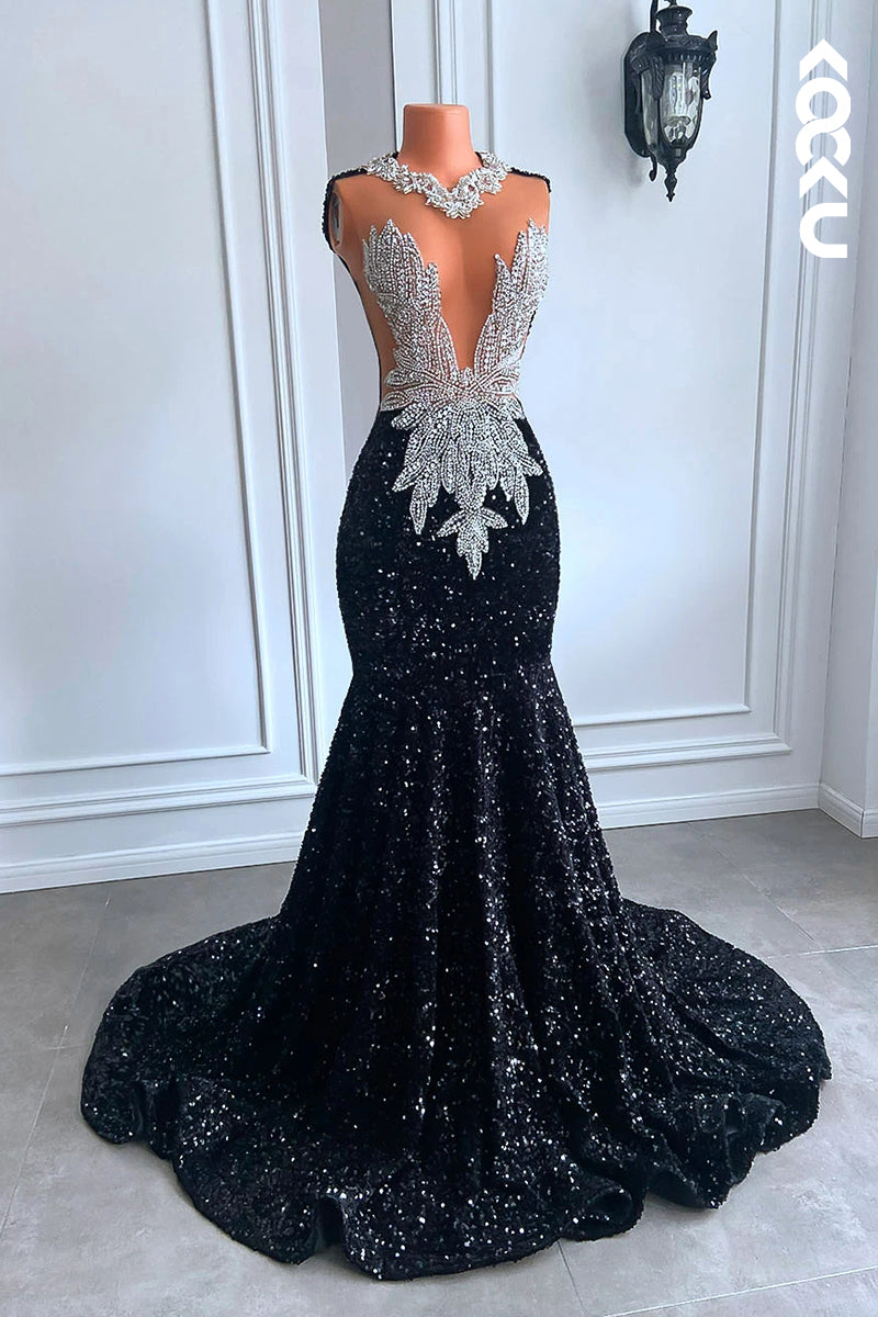 L2820 - Glamorous & Dramatic Ruffles Mermiad Deep V-Neck Sleeveless Sequins Evening Prom Dress
