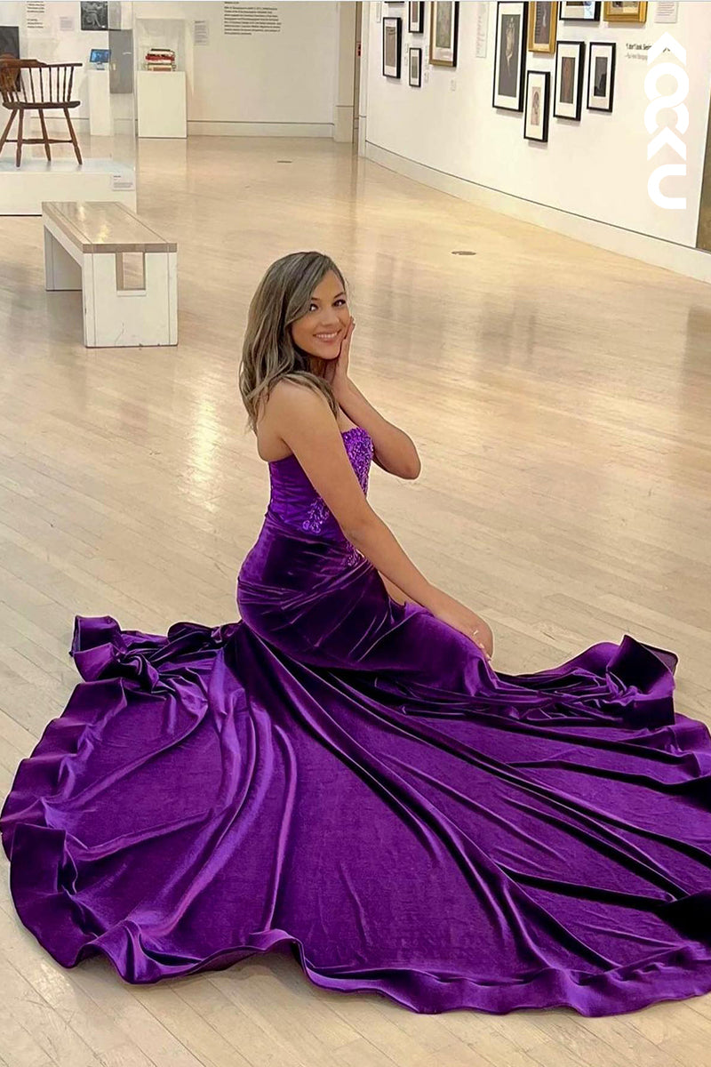 L2806 - Trumpet/Mermaid Ornate V-Neck Sleeveless Side Slit Applique Evening Prom Dress