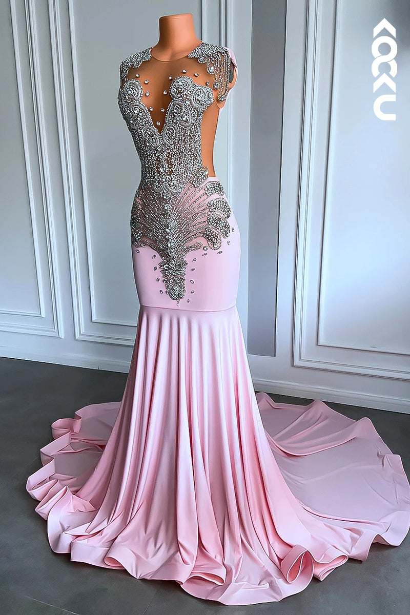 L2818 - Couture & Ornate Ruffles V-Neck Sleeveless Fully Rhinestones Prom Dress