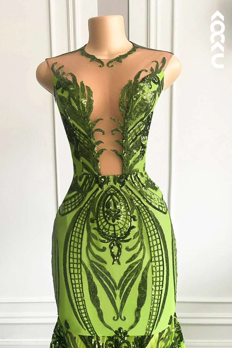 L2816 - Trumpet/Mermaid Sparkly Deep V-Neck Sleeveless Sequins Ruffles Prom Dress
