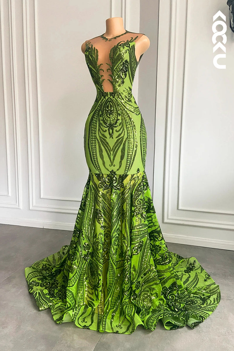 L2816 - Trumpet/Mermaid Sparkly Deep V-Neck Sleeveless Sequins Ruffles Prom Dress