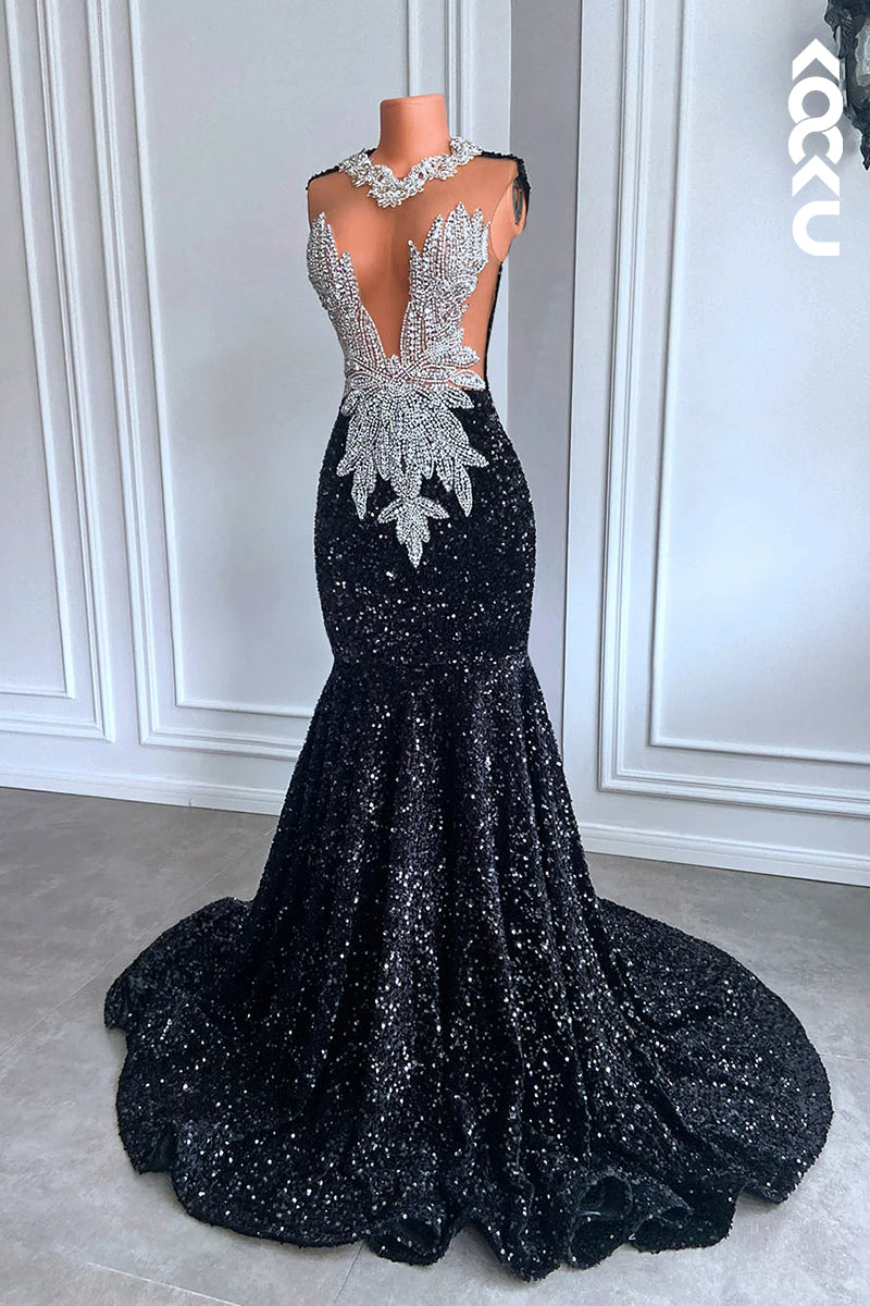 L2820 - Glamorous & Dramatic Ruffles Mermiad Deep V-Neck Sleeveless Sequins Evening Prom Dress
