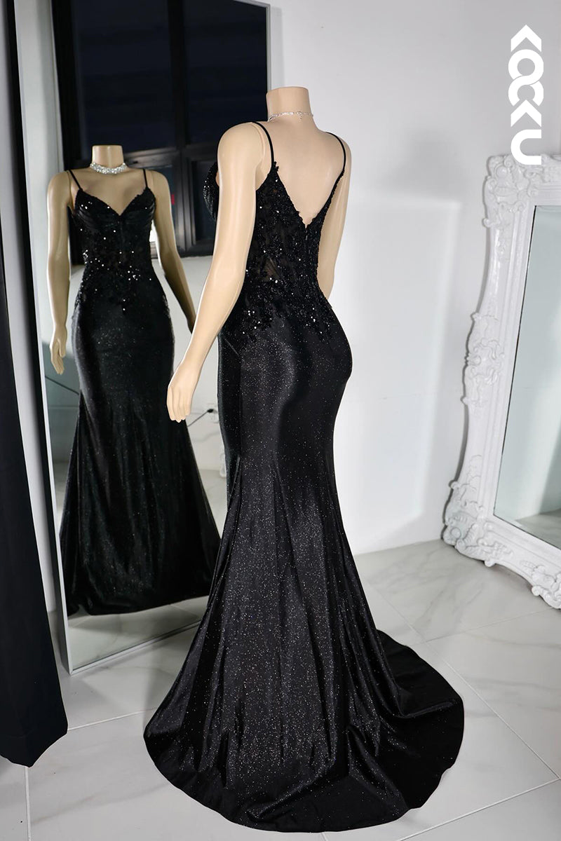 L2800 - Glamorous & Dramatic Spaghetti Straps V neck Mermaid Sequins Evening Party Prom Dress