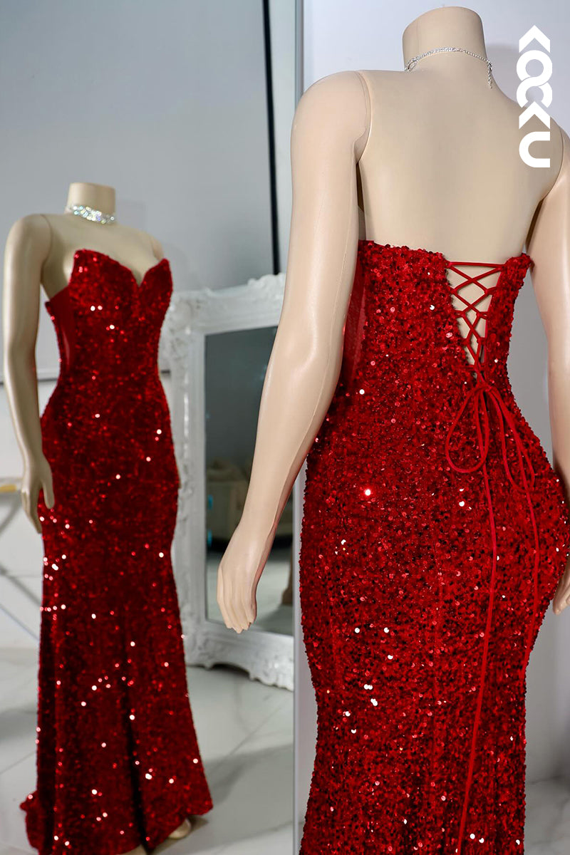 L2846 - Trumpet/Mermaid V-Neck Sleeveless Lace-up Mermaid Sequins Evening Prom Dress
