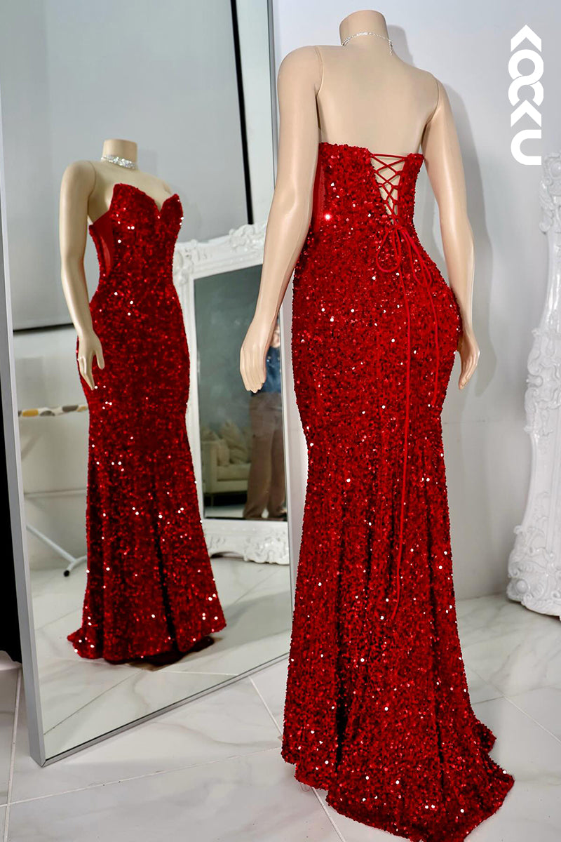 L2846 - Trumpet/Mermaid V-Neck Sleeveless Lace-up Mermaid Sequins Evening Prom Dress