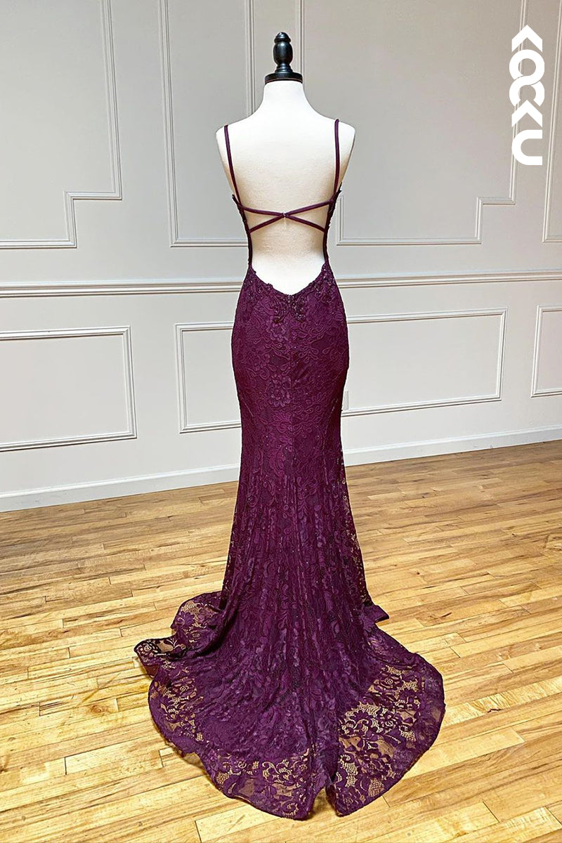 L3025 - Sexy & Hot Straps Backless Allover Applique Side Slit Mermaid Evening Party Prom Dress