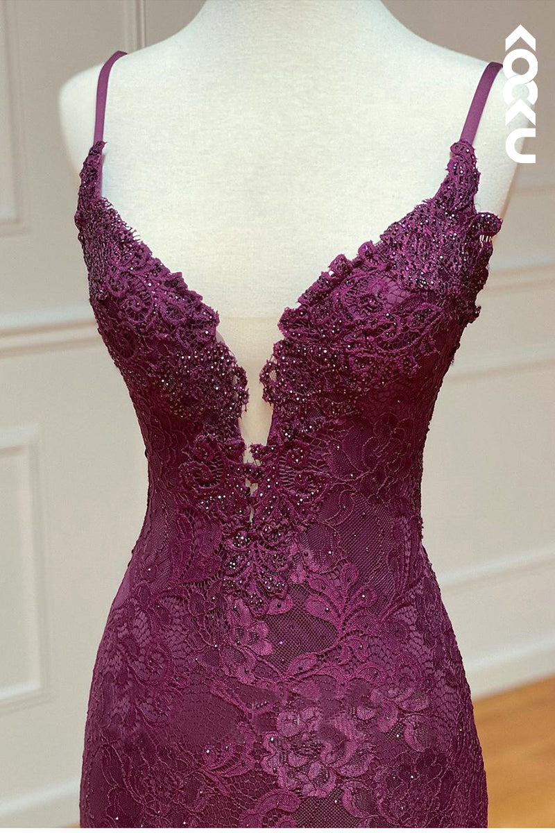 L3025 - Sexy & Hot Straps Backless Allover Applique Side Slit Mermaid Evening Party Prom Dress