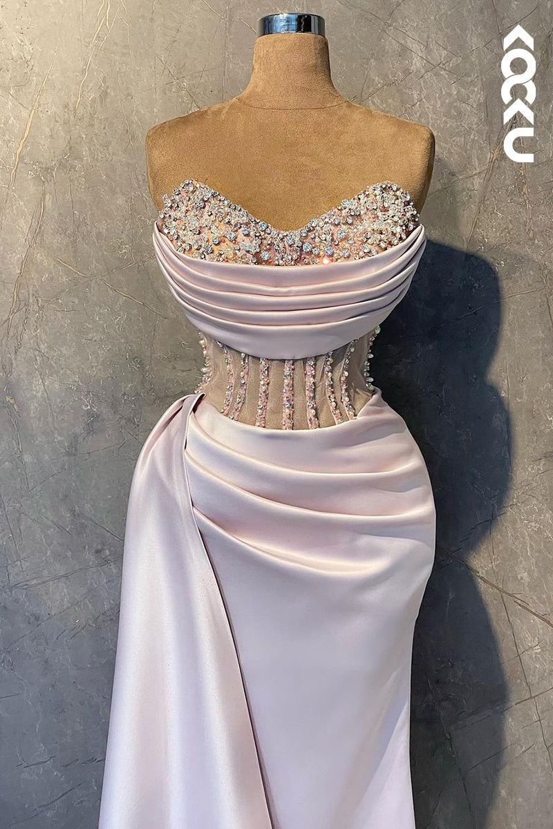 L2416 - Elegant & Luxurious V-Neck Sleeveless Ruched Floral Embroidered Slit Prom Dress With Rhinestones V-Neck Sleeveless Ruched Floral Embroidered Slit Prom Dress