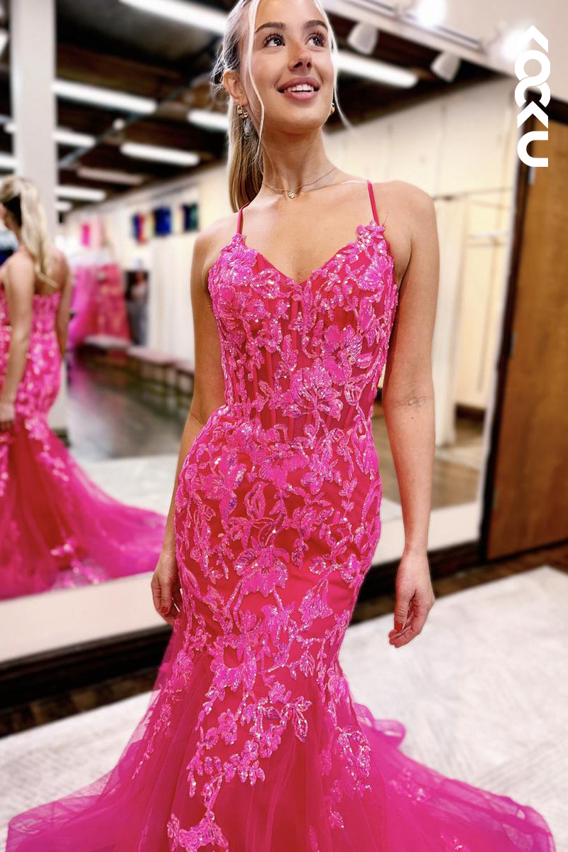 L2599 - Chic Lace Applique V-neck Straps Mermaid Evening Party Prom Dress