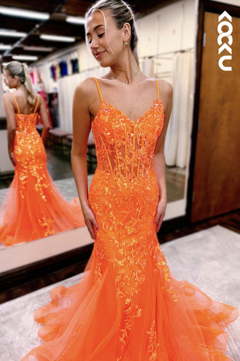 L2599 - Chic Lace Applique V-neck Straps Mermaid Evening Party Prom Dress