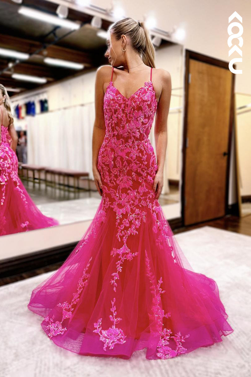 L2599 - Chic Lace Applique V-neck Straps Mermaid Evening Party Prom Dress