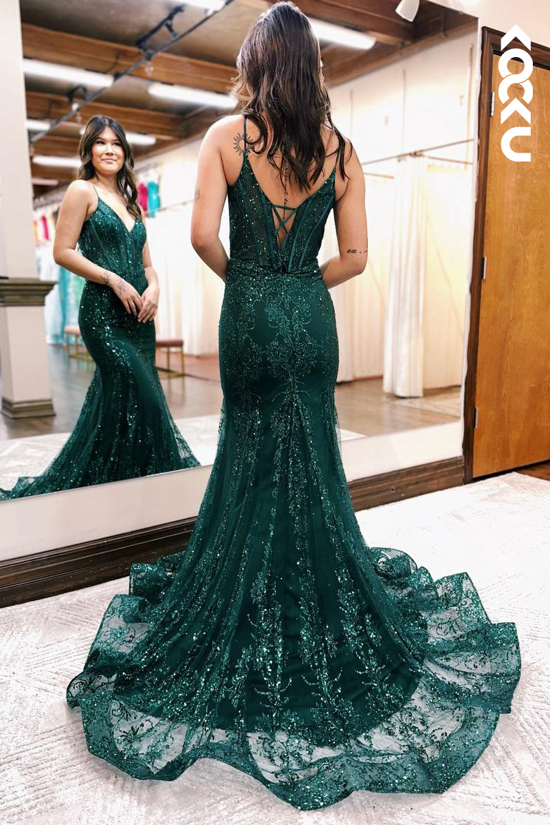 L2594 - Classic & Timeless Spaghetti Straps V-neck Mermaid Trumpet Sequins Party Prom Dress