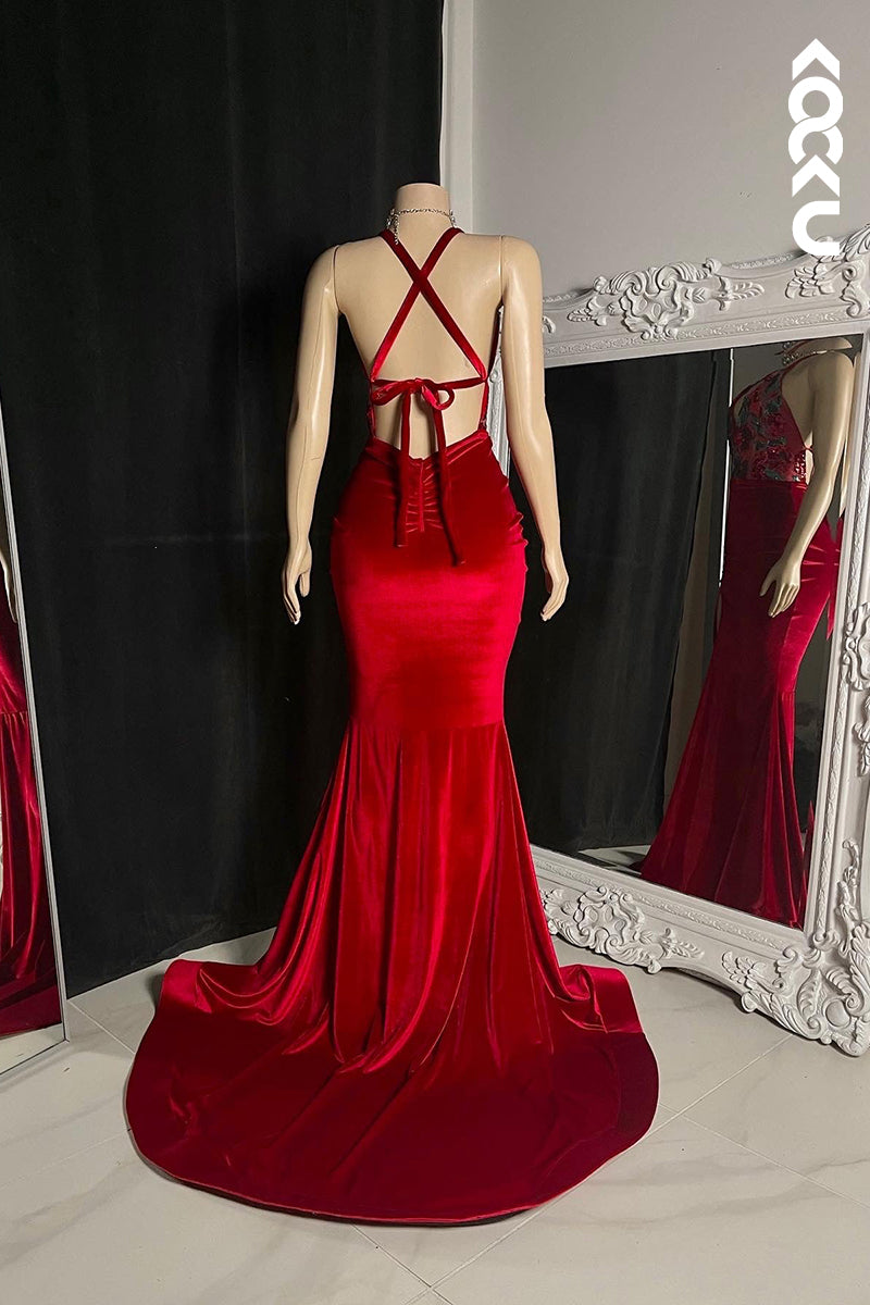 L2797 - Sexy & Hot Halter V-neck Sleeveless Criss-Cross Straps Mermaid Slit Ruched Prom Dress