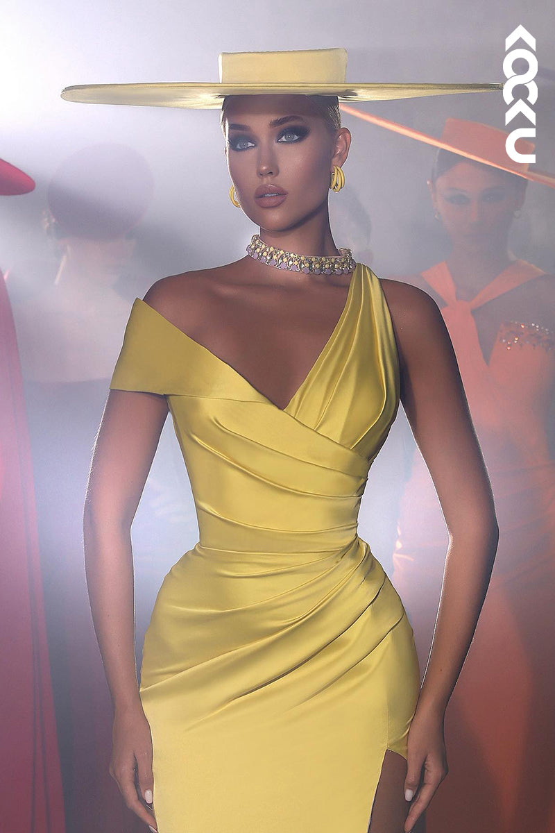 L2722 - Sheath/Column Classic One shoulder Cap Sleeves Ruched Party Prom Dress