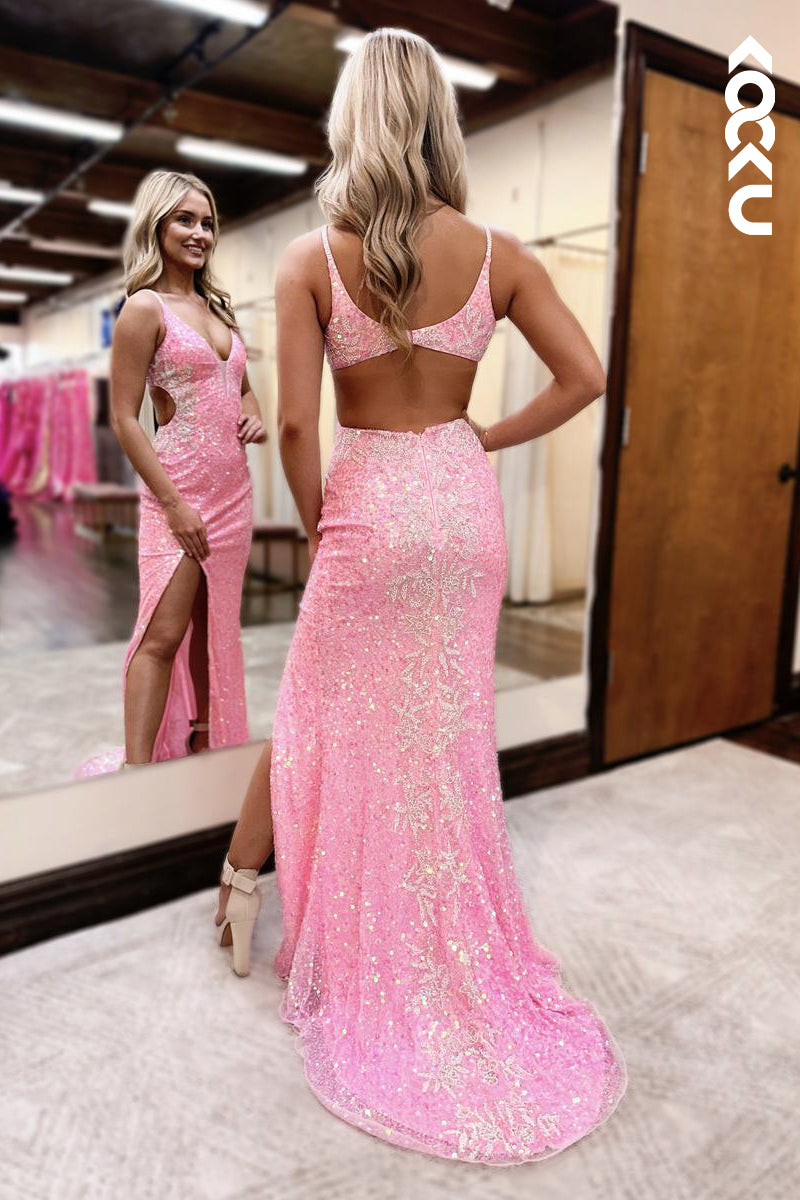 L2749 - Chic & Modern Spaghetti Straps V-neck Backless Slit Sheath Sequins Prom Dress