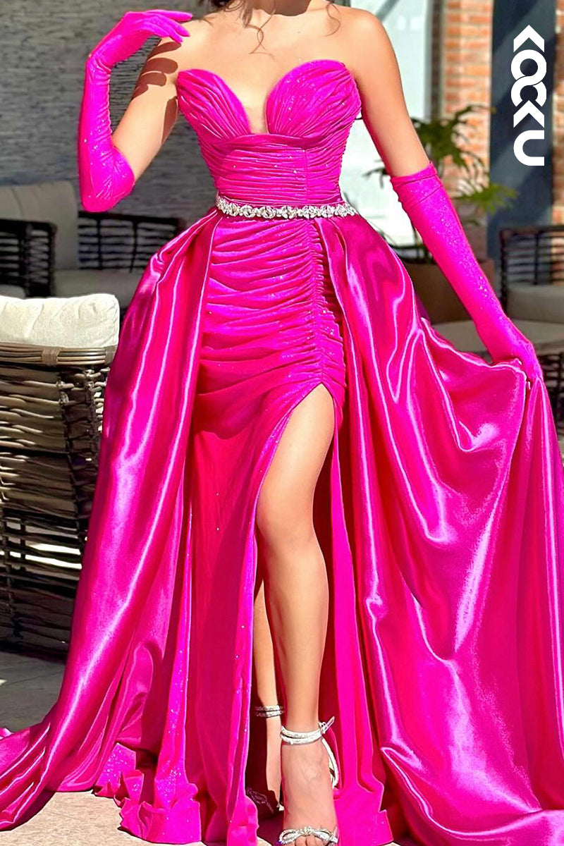 L2960 - Sexy & Hot V-Neck Sleeveless Ruched Side Slit Party Prom Dress