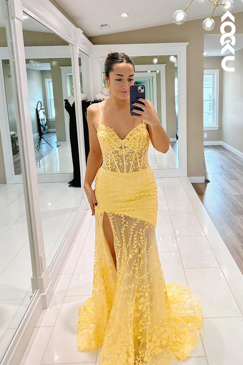 L2810 - Elegant & Luxurious Spaghetti Straps V-neck Mermaid Side Slit Lace Applique Prom Dress