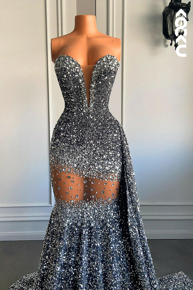 L2828 - Sexy & Hot Fully Sequins V-neck Sleeveless Ruffles Mermaid Evening Party Prom Dress