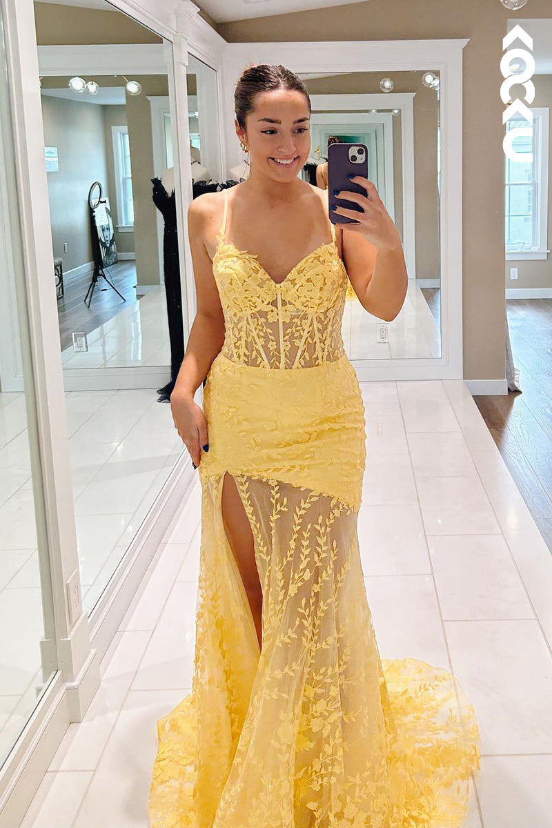 L2810 - Elegant & Luxurious Spaghetti Straps V-neck Mermaid Side Slit Lace Applique Prom Dress