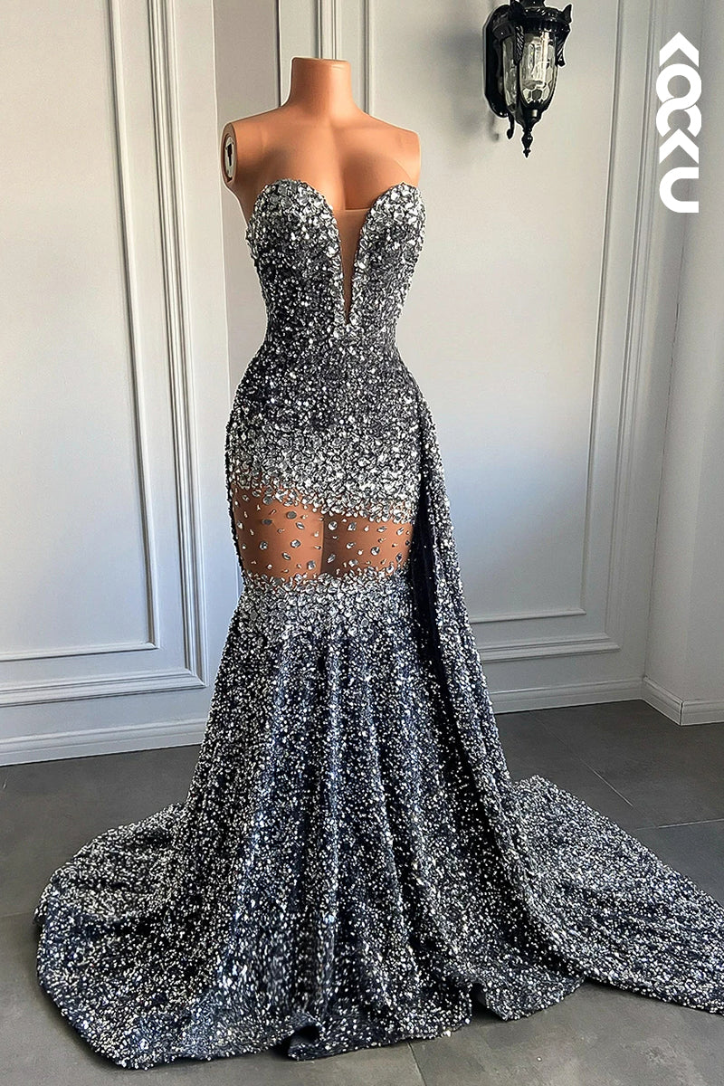 L2828 - Sexy & Hot Fully Sequins V-neck Sleeveless Ruffles Mermaid Evening Party Prom Dress