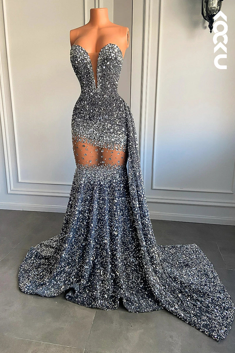 L2828 - Sexy & Hot Fully Sequins V-neck Sleeveless Ruffles Mermaid Evening Party Prom Dress