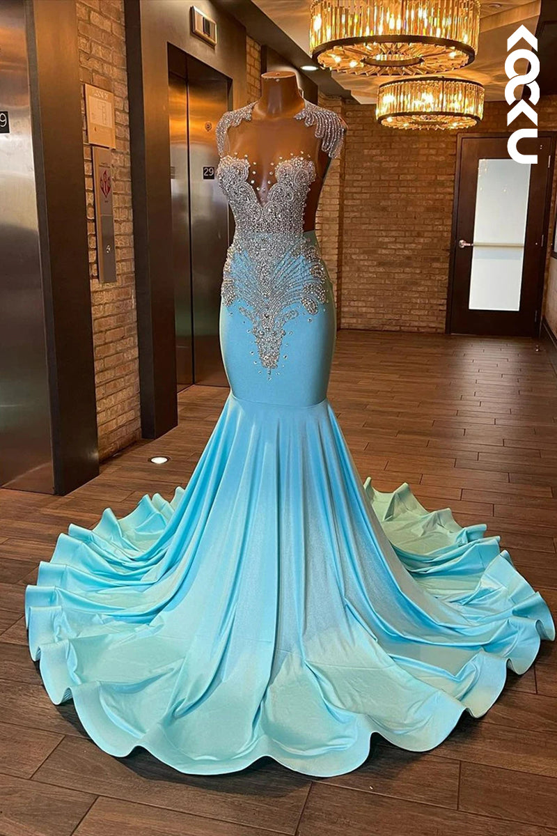 L2827 - Trumpet/Mermaid Ruffles Sleeveless Beaded Rhinestones Formal Evening Prom Dress