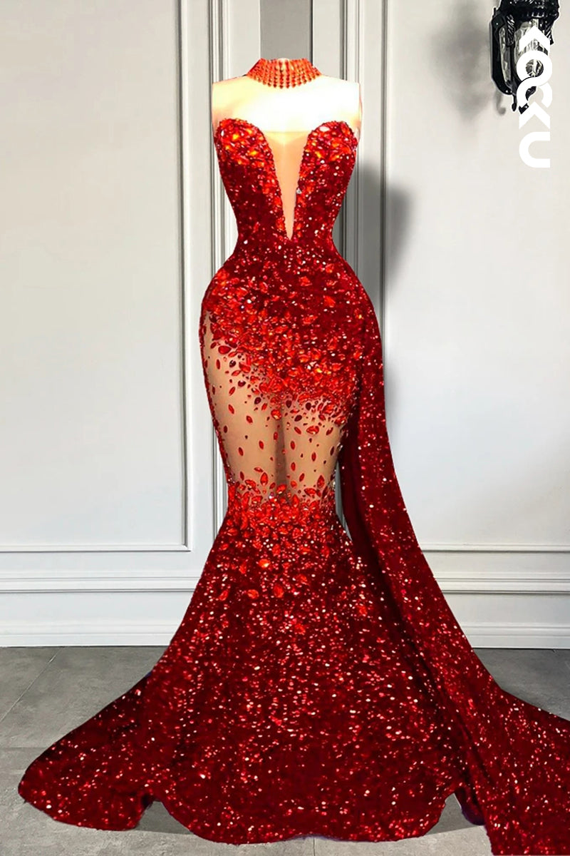 L2828 - Sexy & Hot Fully Sequins V-neck Sleeveless Ruffles Mermaid Evening Party Prom Dress