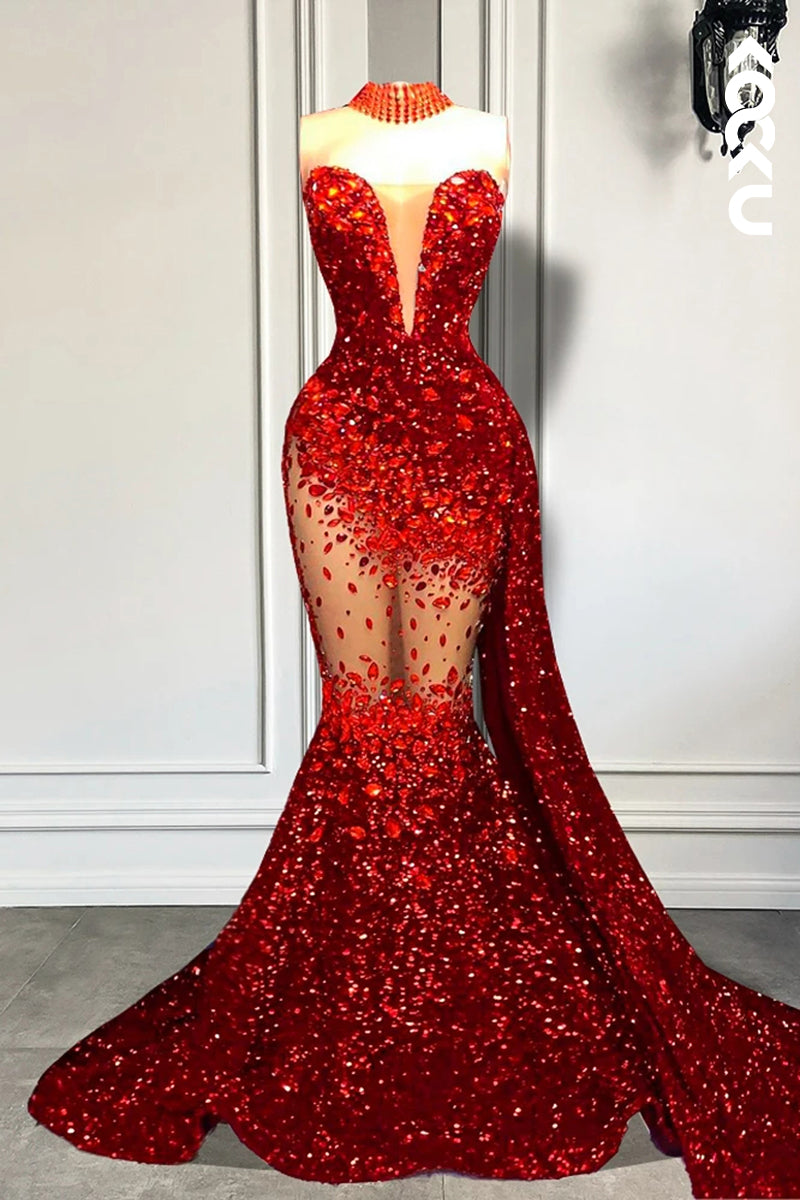 L2828 - Sexy & Hot Fully Sequins V-neck Sleeveless Ruffles Mermaid Evening Party Prom Dress