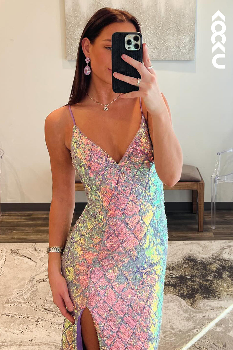 L2631 - Glamorous & Dramatic Spaghetti Straps V-neck Sheath Sparkly Evening Party Prom Dress