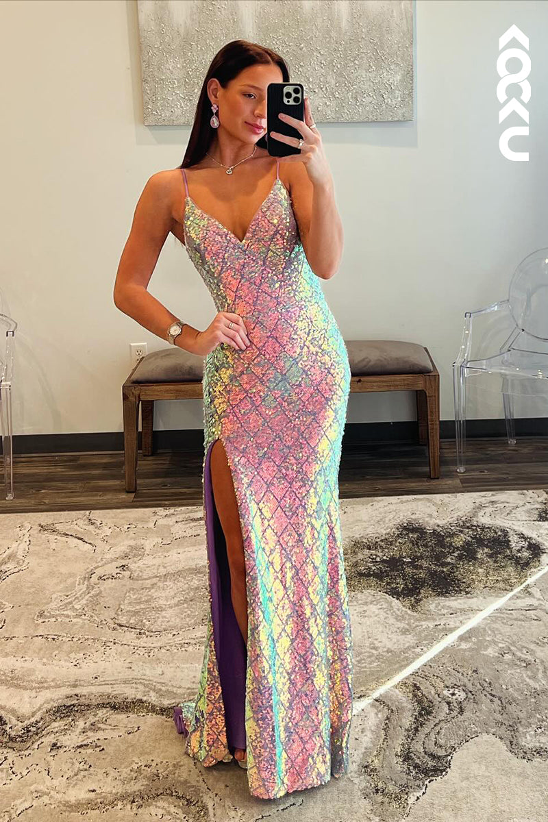 L2631 - Glamorous & Dramatic Spaghetti Straps V-neck Sheath Sparkly Evening Party Prom Dress