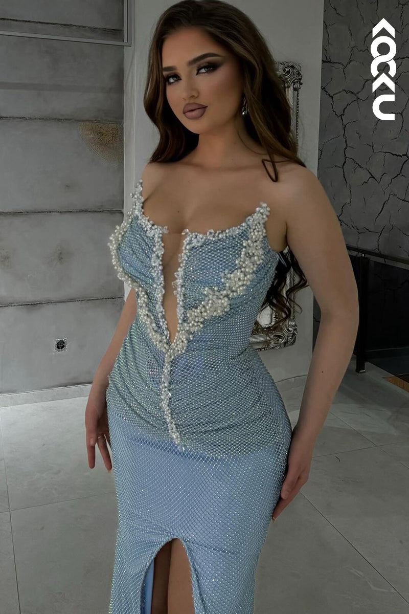 L2937 - Elegant & Luxurious Fully Beaded Pearls Deep V-Neck Side Slit Sleeveless Prom Dress