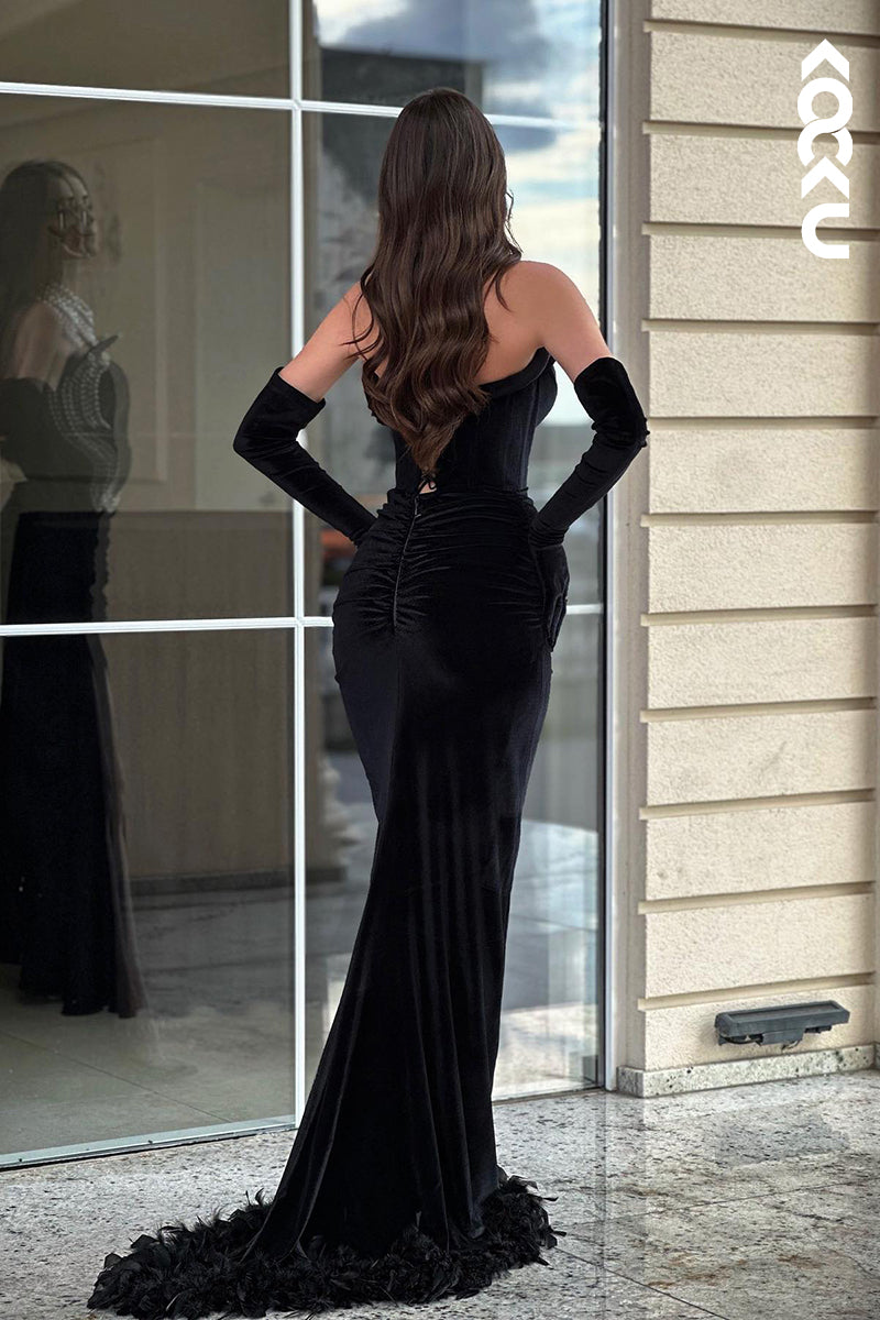 L2977 - Couture & Ornate V-Neck Sleeveless Mermaid Side Slit Evening Party Prom Dress With Pearls