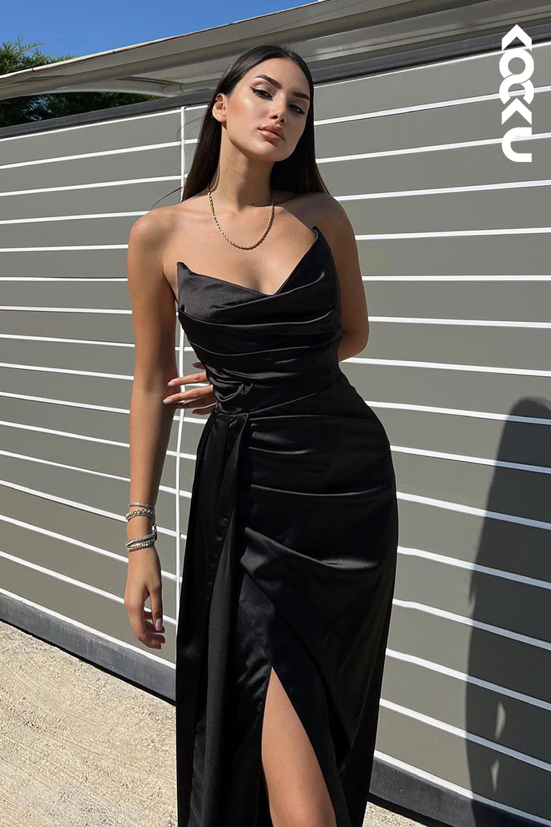 L2978 - Chic & Modern Sheath/Column Ruched V-Neck Side Slit Sleeveless Prom Dress