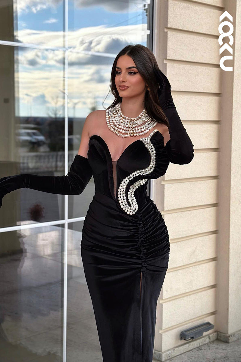 L2977 - Couture & Ornate V-Neck Sleeveless Mermaid Side Slit Evening Party Prom Dress With Pearls