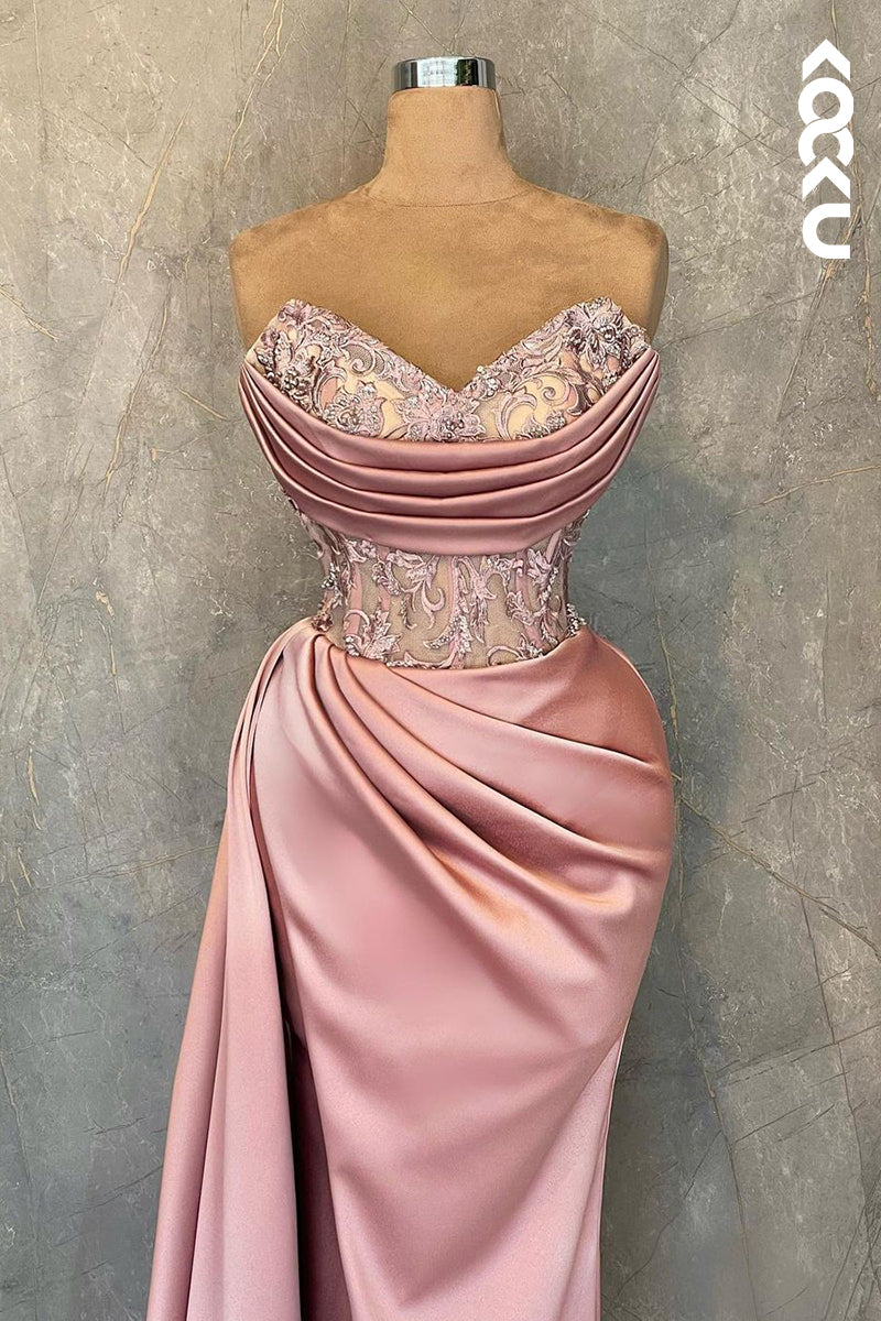 L2415 - Elegant & Luxurious V-Neck Sleeveless Ruched Floral Embroidered Slit Prom Dress