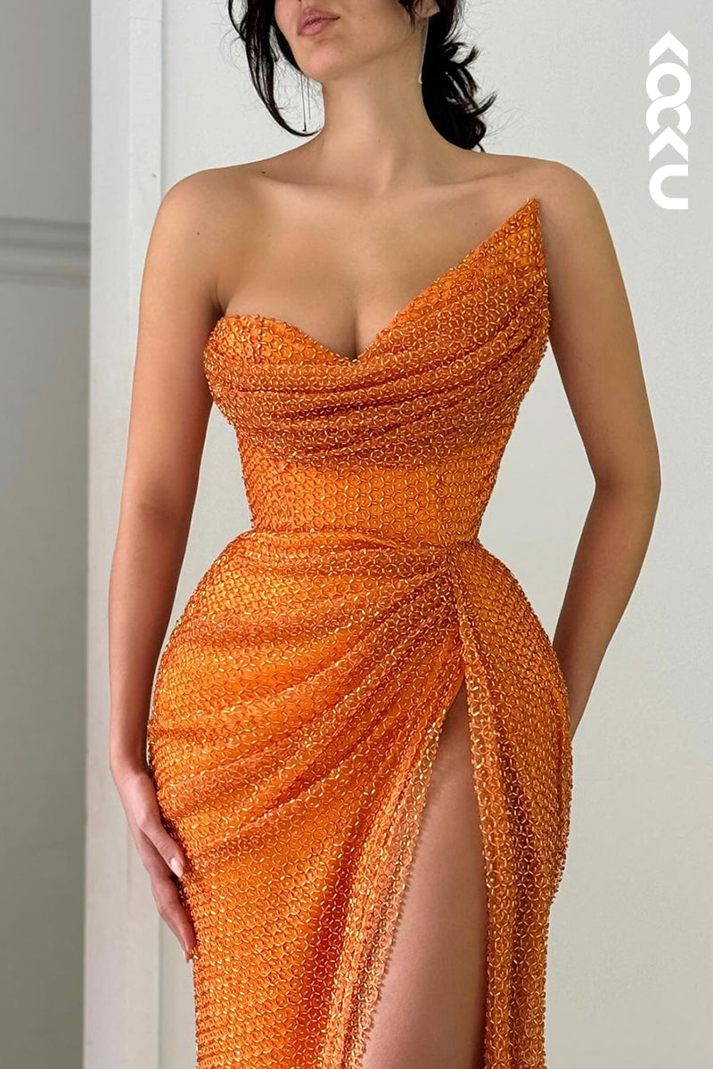 L2662 - Chic & Modern Off-Shoulder Strapless Ruched Side Slit Evening Party Prom Dress