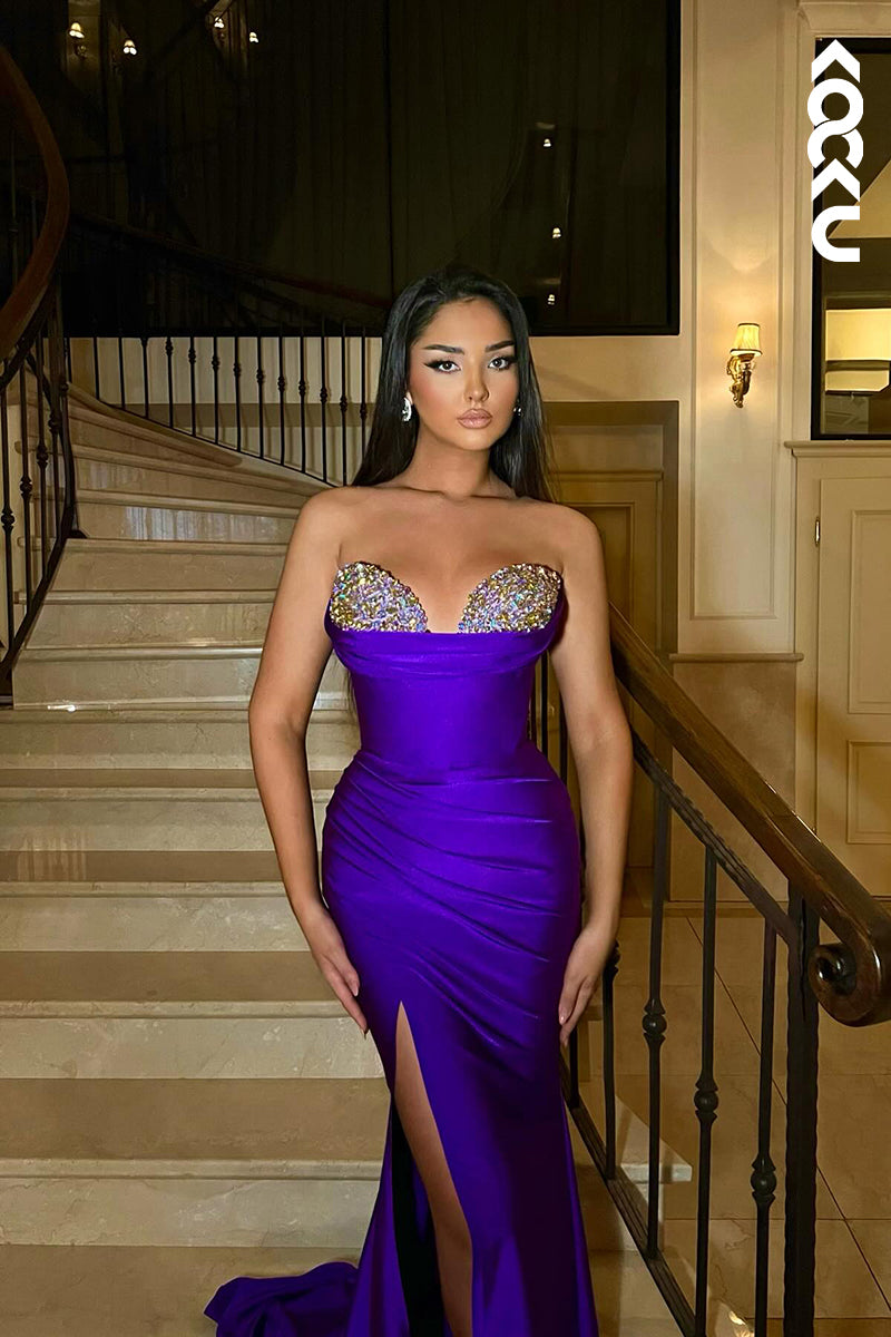 L2642 - Gorgeous & Charming Rhinestons Sweetheart Sleveless Sheath Side Slit Party Prom Dress