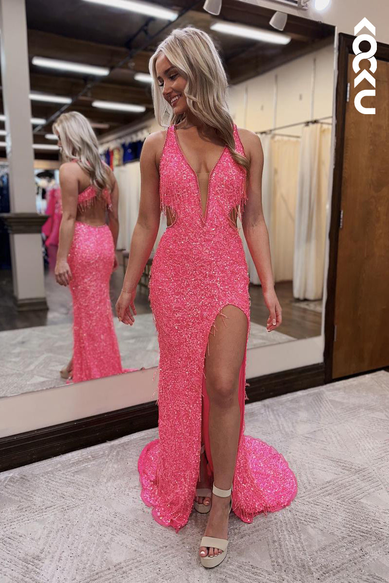 L2628 - Morden Low V-Neck Slit Sleeveless Sequins Backless Evening Party Prom Dress