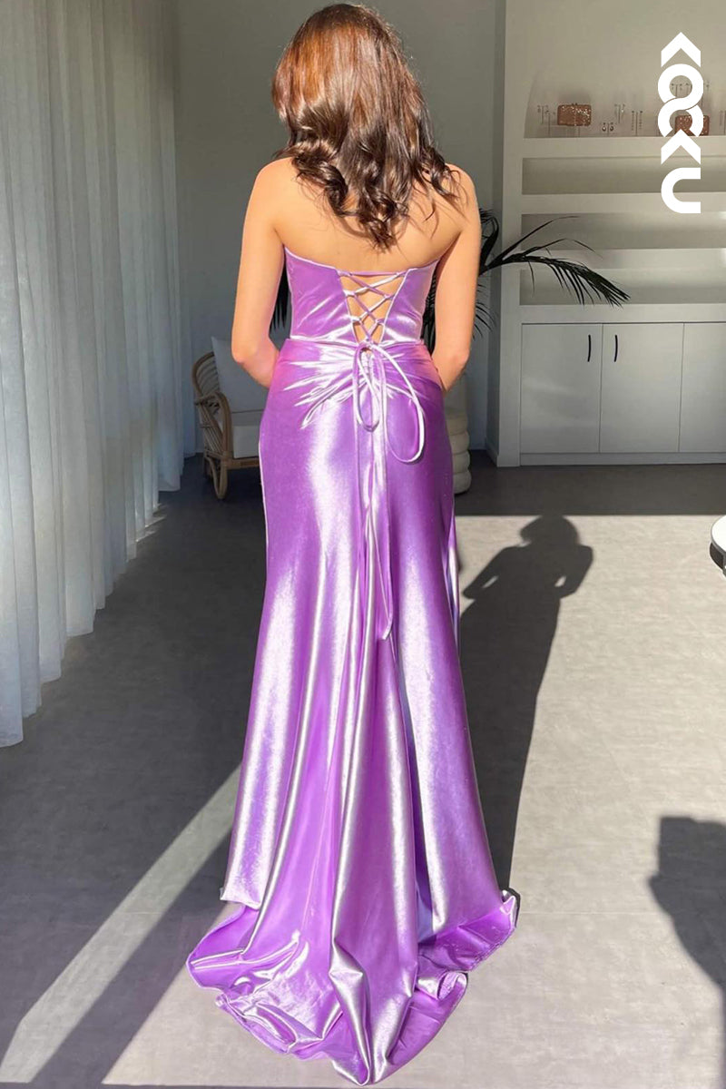 L2928 - Elegant & Luxurious Deep V-Neck Sleeveless Side Slit Sheath Criss-Cross Straps Prom Dress