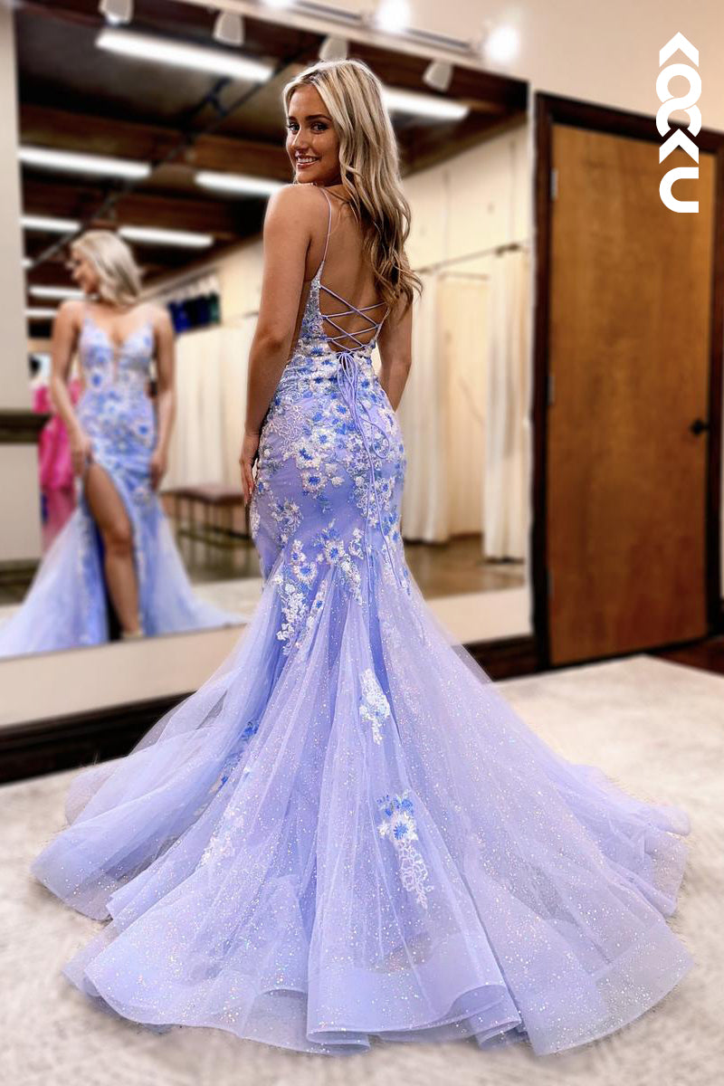 L2871 - Glamorous & Dramatic Spaghetti Straps V-Neck Slit Applique Party Prom Dress