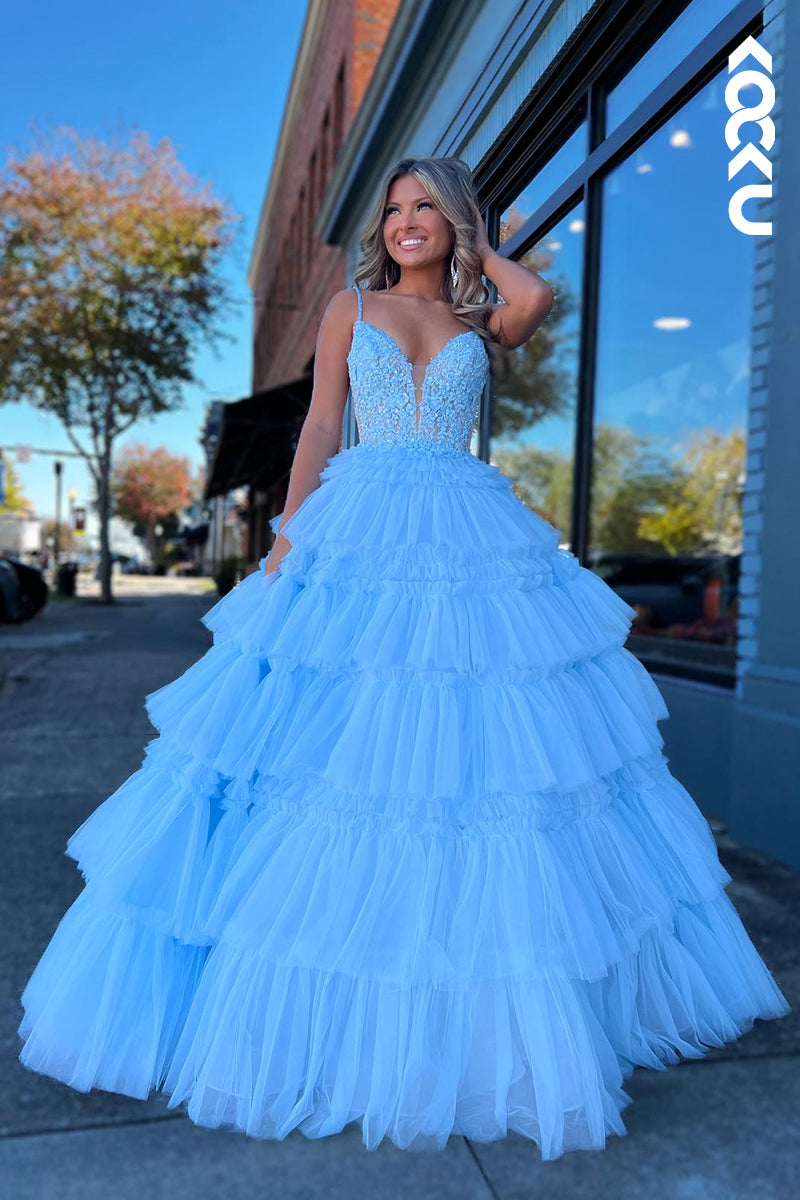 L2785 - Gorgeous & Charming Spaghetti Straps A-line V-neck Tulle Party Prom Dress With Applique