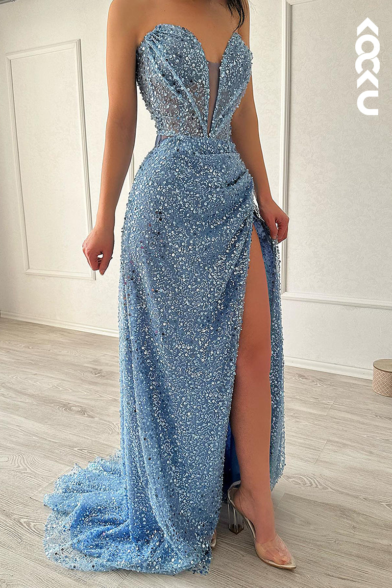 L2770 - Gorgeous & Charming Deep V-Neck Sleeveless Side Slit Sparkly Prom Dress