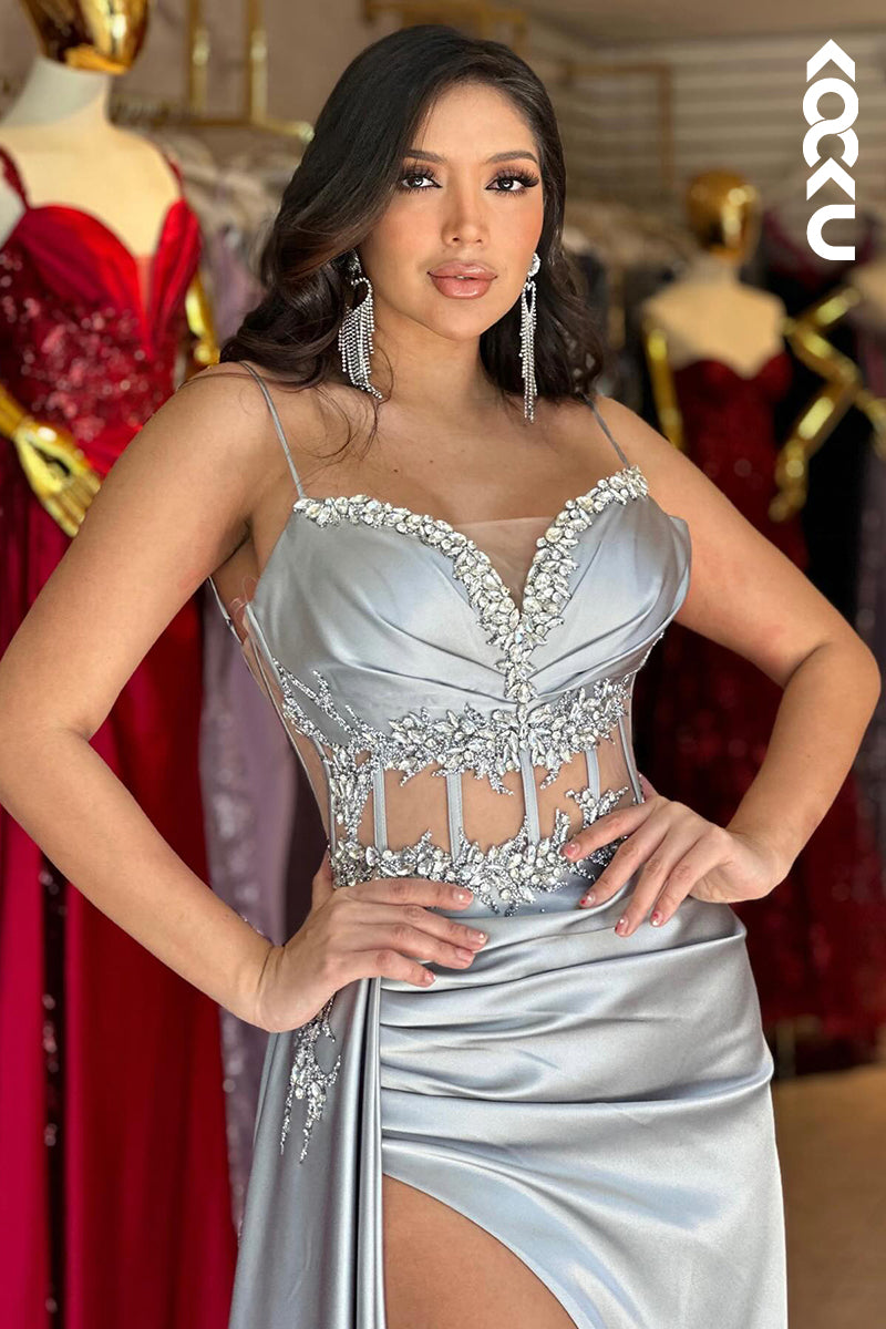 L2903 - Gorgeous & Charming V-Neck Spagheti Straps High Side Slit Ruched Party Prom Dress
