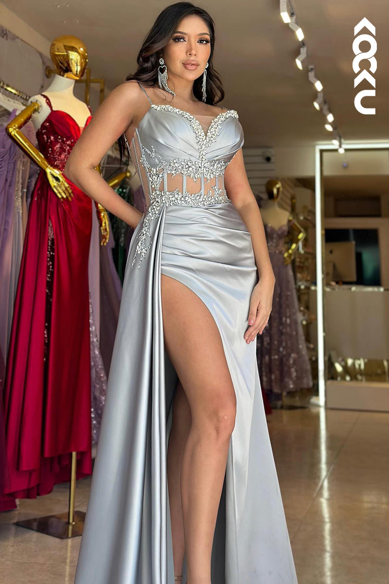 L2903 - Gorgeous & Charming V-Neck Spagheti Straps High Side Slit Ruched Party Prom Dress