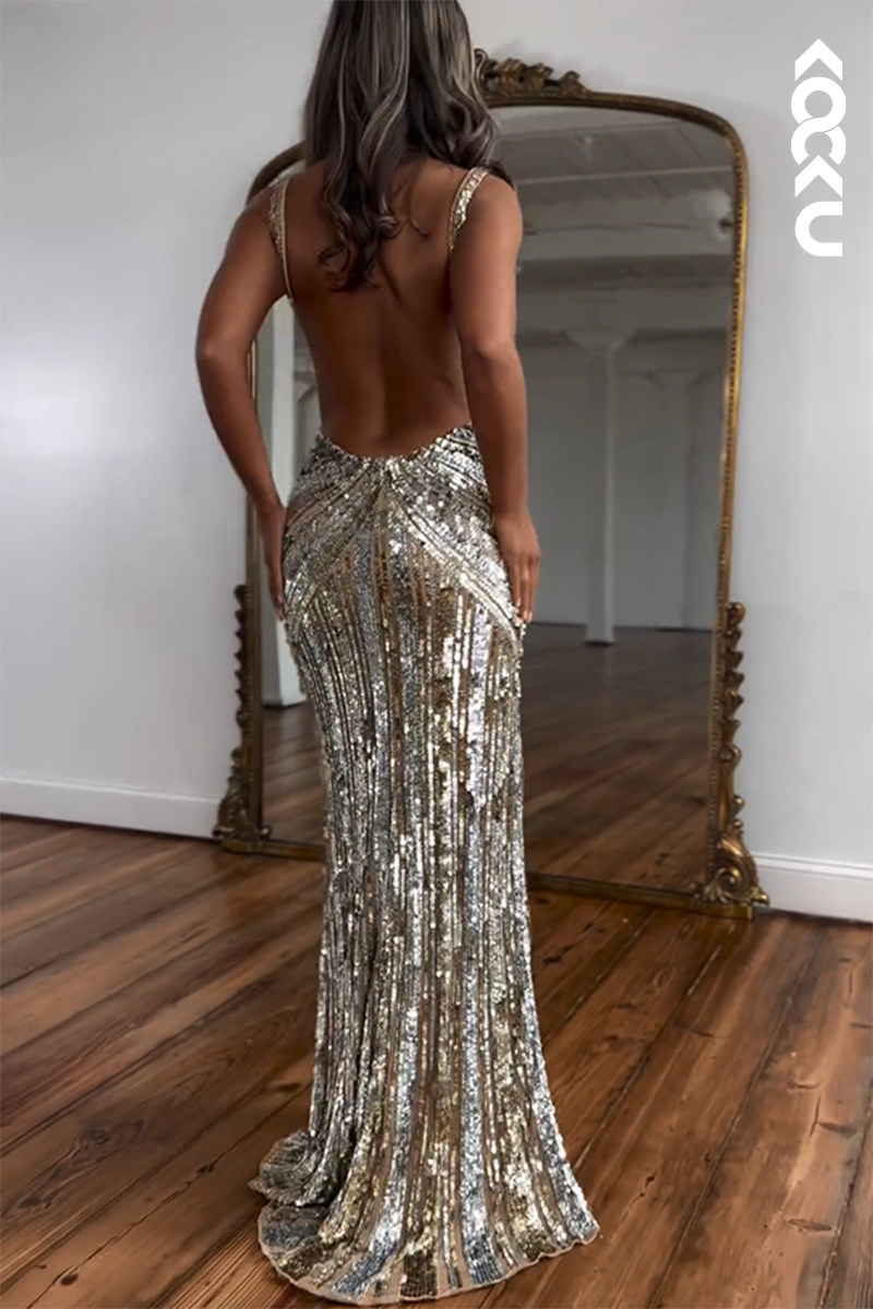 L2557 - Morden & Sparkly V-neck Sleeveless Side Slit Backless Evening Party Prom Dress