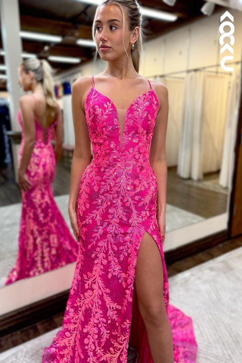 L2715 - Gorgeous & Charming Spaghetti Straps V-Neck Mermaid Sequins Party Prom Dress